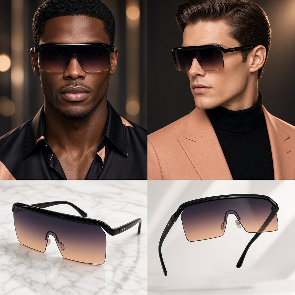 Shield Sunglasses Men Tea Burgundy Gradient Lens UV400 Oversized Rimless Large